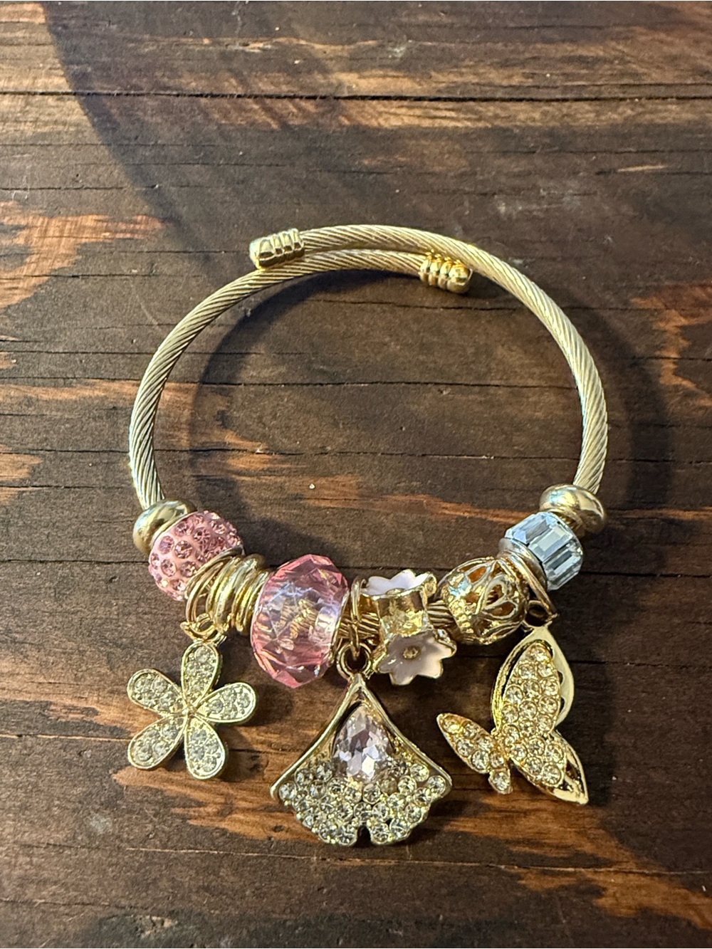 Gold Plated Charm Bracelet With Pink Gems & Charms Flower butterfly